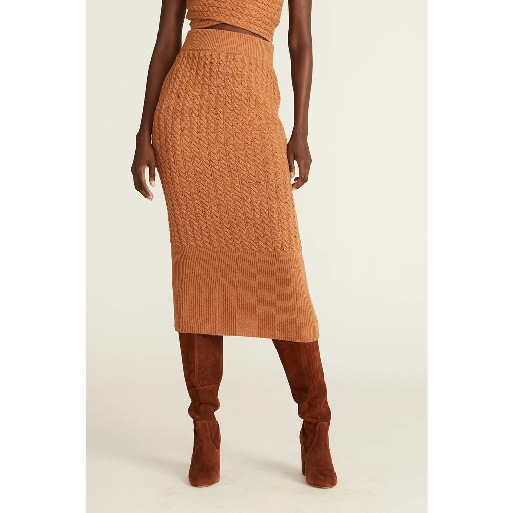Amur Renata Tube Skirt Midi Pecan Brown Cable Knit Ribbed Hem‎ Sz S